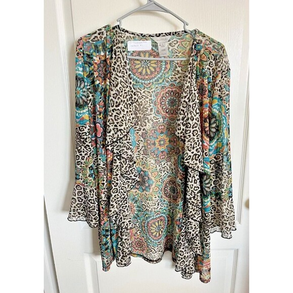 Multiples Open Sheer Cardigan Cover Up  1X Lagenlook Floral Animal Print Ruffle - Picture 5 of 8